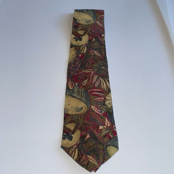 Vtg 80s/90s Ted Lapidus green, maroon, blue & cream floral silk tie - Picture 2 of 5